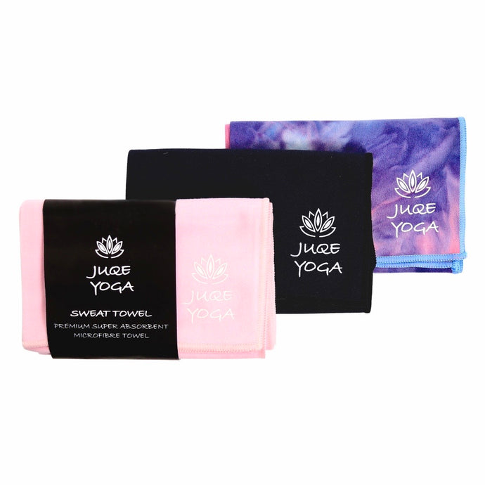 Juqe Yoga. 3 Pack Sweat Towels , super absorbent microfibre -Mixed Colours: 1 x Pink, 1 x Black and 1 x Tie/Dye (pink/blue and purple) with Juqe Yoga printed logo and lotus flower printed in corner.
