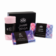 Load image into Gallery viewer, Juqe Yoga Black coloured Gift Box with Juqe Yoga Logo and Lotus flower image. The Gift Box Includes - Premium Tie/Dye Pink Purple and Blue coloured, Non-Slip Silicone and microfibre Yoga Mat Towel,  Matching Sweat Towel and Trendy Pink Tote bag.
