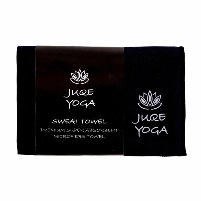 Juqe Yoga. Black Microfibre Sweat Towel, super absorbent and soft, with logo and lotus flower printed in corner.