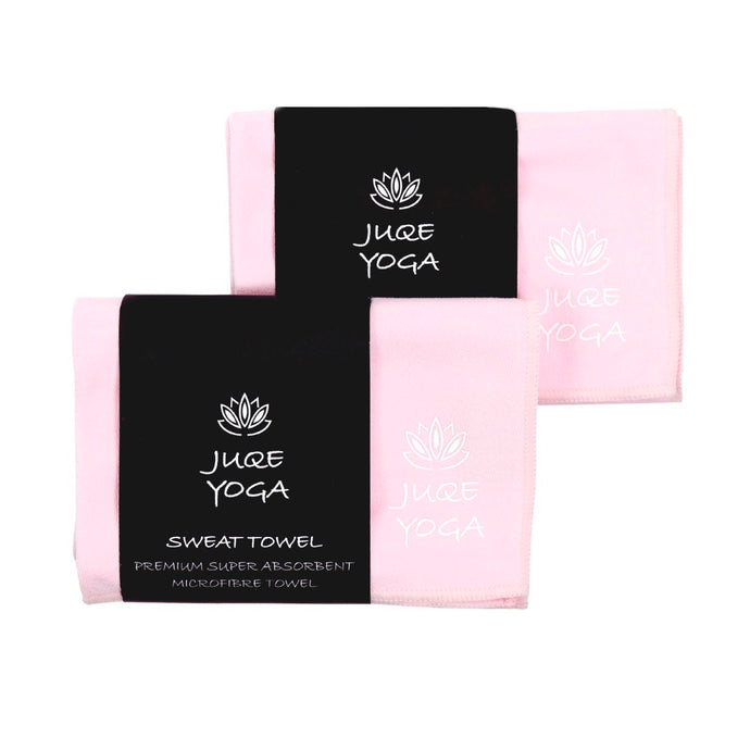 Juqe Yoga. Pink Microfibre Sweat Towels, Twin pack super absorbent and soft, with logo and lotus flower printed in corner.