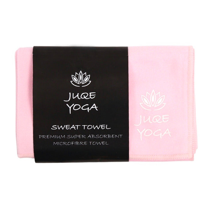 Juqe Yoga. Pink Microfibre Sweat Towel, super absorbent and soft, with logo and lotus flower printed in corner.
