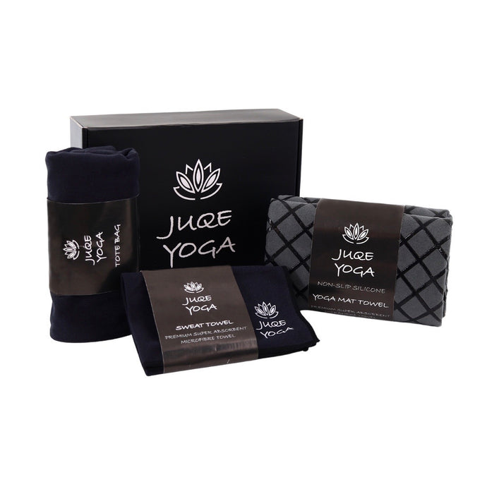 Juqe Yoga Black coloured Gift Box with Juqe Yoga Logo and Lotus flower image.The gift box Includes - Premium Grey/Black Non-Slip Silicone Microfibre Yoga Mat Towel, Black Sweat Towel and Trendy Black Tote bag.