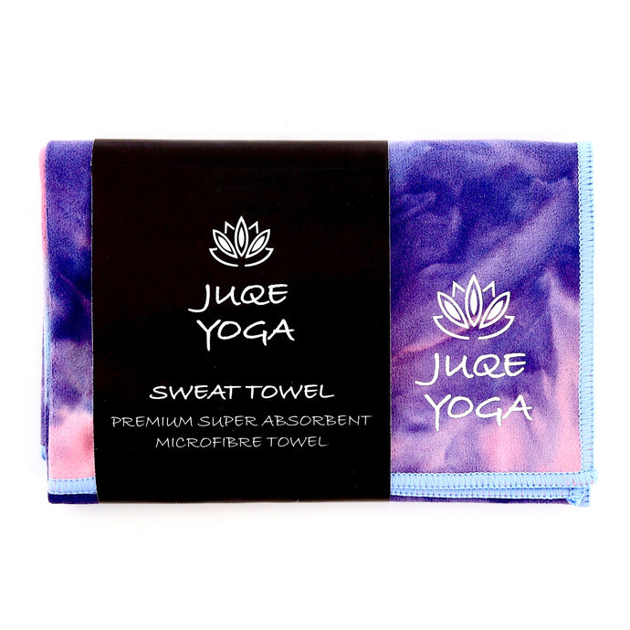 Juqe Yoga. Tie/Dye Microfibre Sweat Towel. (Pink, purple and blue colours) Super absorbent and soft, with logo and lotus flower printed in corner.