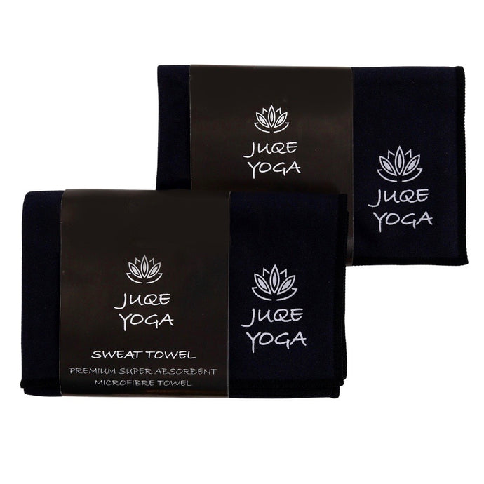 Juqe Yoga. Black Microfibre Sweat Towels, Twin Pack. Super absorbent and soft, with logo and lotus flower printed in corner.
