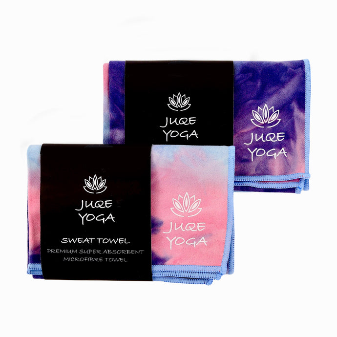 Juqe Yoga. Tie/Dye Microfibre Sweat Towels, (pink, purple and blue colours) Twin Pack. Super absorbent and soft, with logo and lotus flower printed in corner.