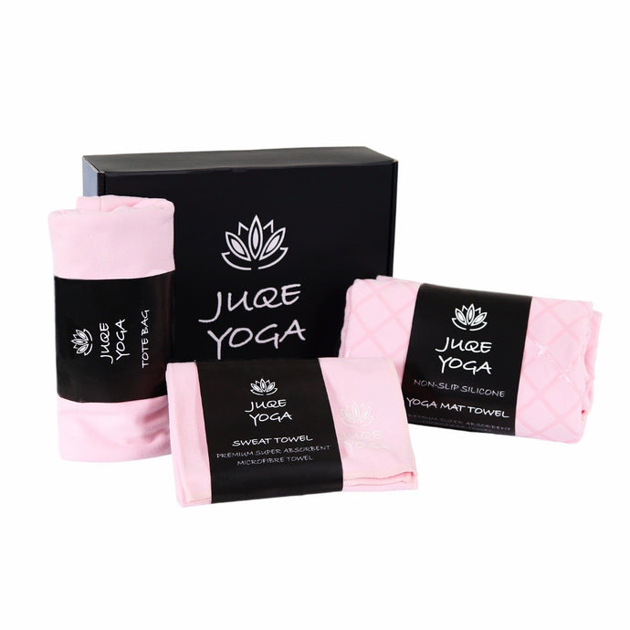 Juqe Yoga Black coloured Gift Box with Juqe Yoga Logo and Lotus flower image. The Yoga Gift Box Includes - Premium Pink Non-Slip Silicone Microfibre Yoga Mat Towel, Pink Sweat Towel and Trendy Pink Tote bag.